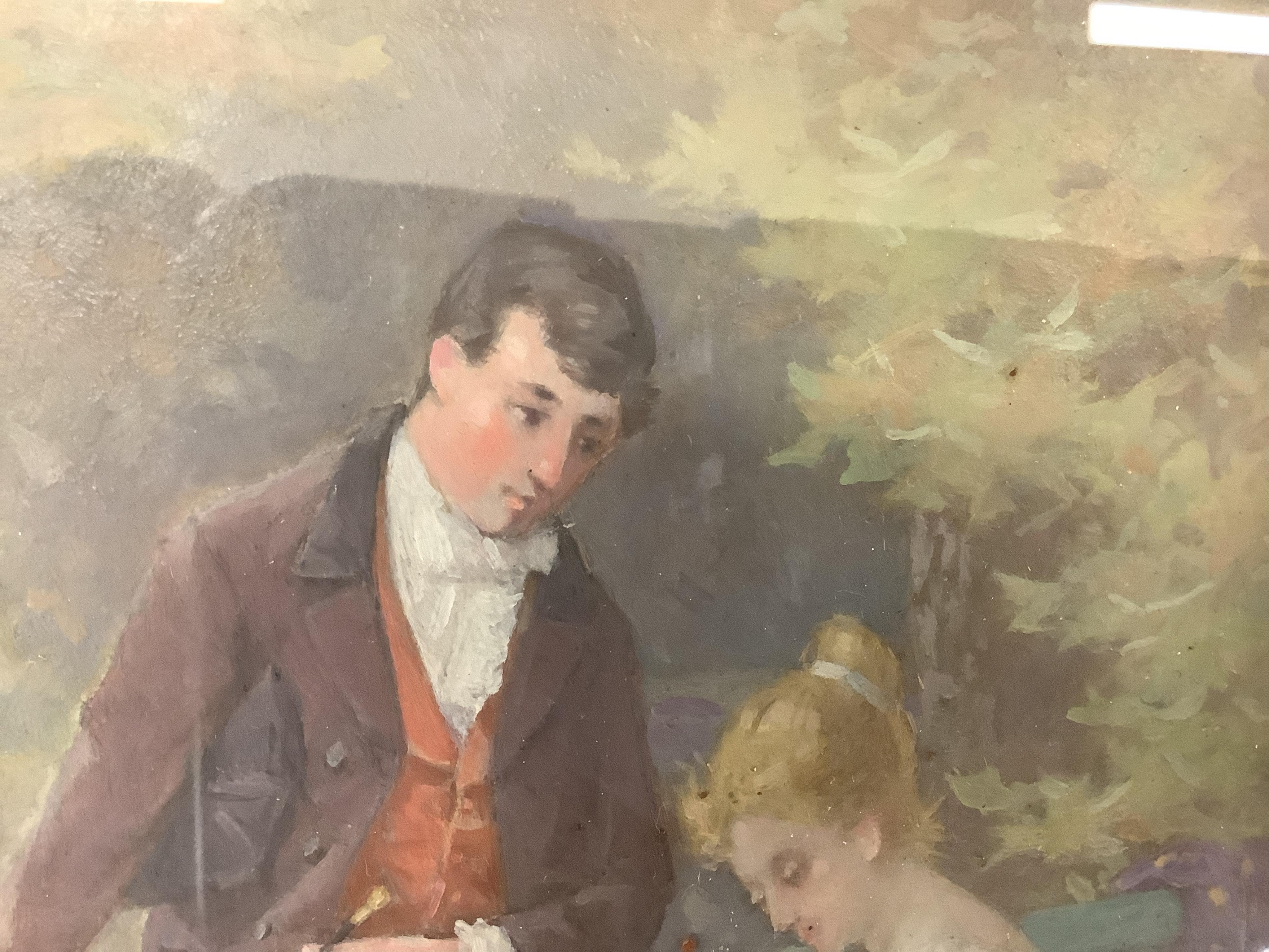 Monog, oil, 'What Will she Say', monogrammed, 24.5 x 19cm, ornate gilt framed. Condition - fair, losses to the frame